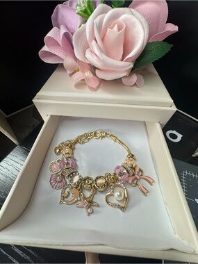 Gold and Pink Charm Bracelet - Women's Jewelry